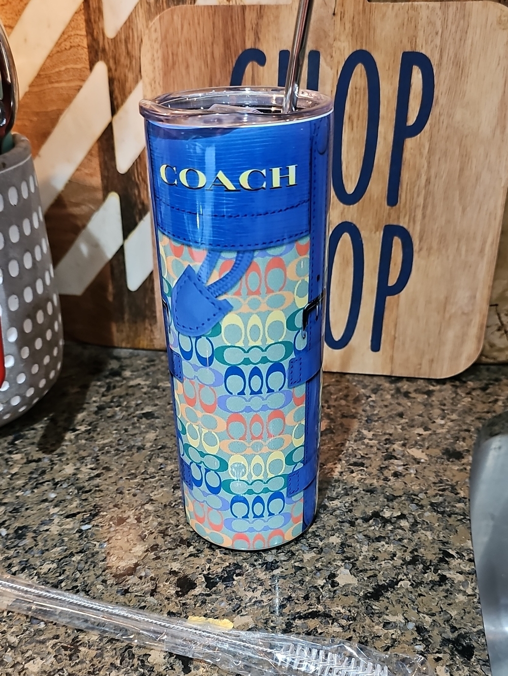 Coach Multicolor Signature Patterned Travel Tumbler with Blue Trim